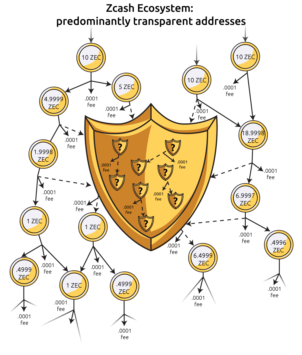 A depiction of a transaction graph with a smaller number of shielded addresses